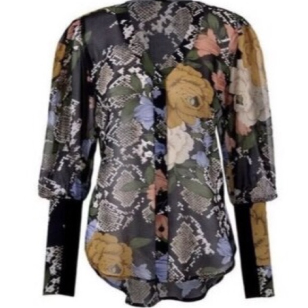 CAbi Snake Charmer Black Floral Sheer Long Sleeve V-Neck Blouse Size Medium